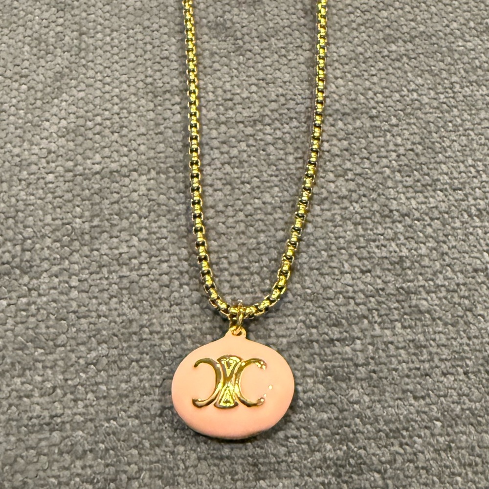 Triomphe Gold and Pink Logo Pendant Necklace
